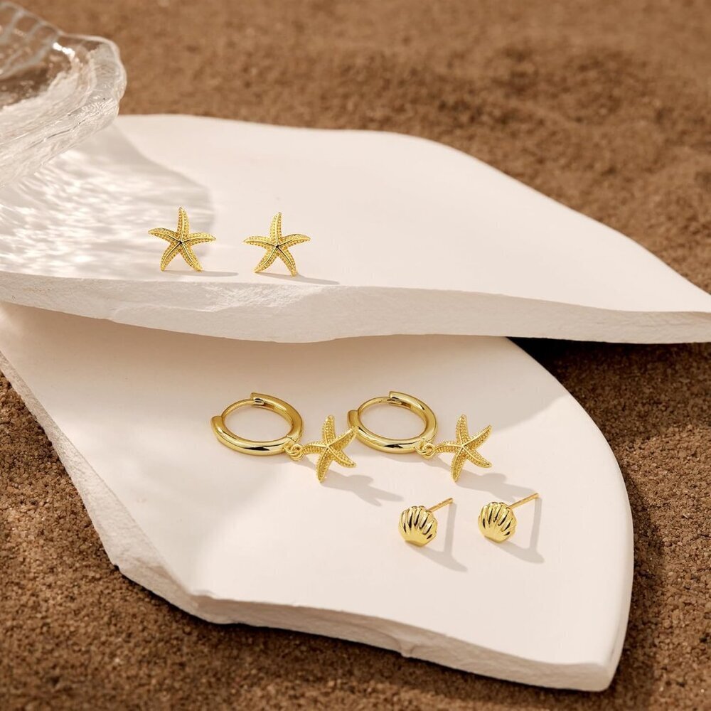 3 Pairs Gold Dangle Earrings Set for Women Seashell Starfish Cross Stud Hoop Jew - Picture 6 of 8